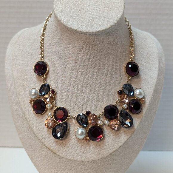 Gorgeous Gold Tone Rhinestone Faux Pearl Choker Necklace Burgundy Gray Peach - Picture 9 of 10